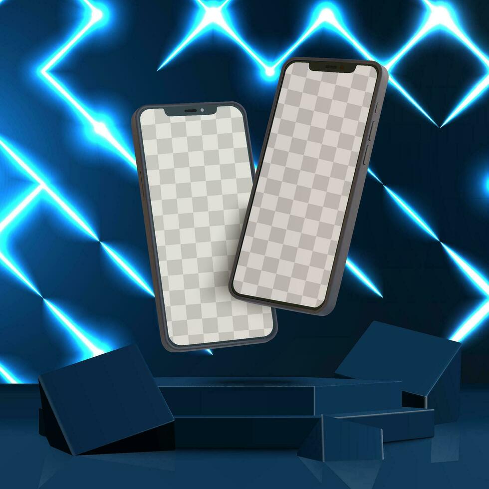 Dark mode smartphones mockup scene with neon hexagons grid vector