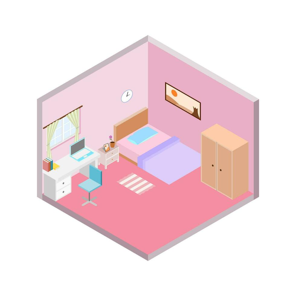 3d bedroom design, isometric concept bedroom vector illustration.