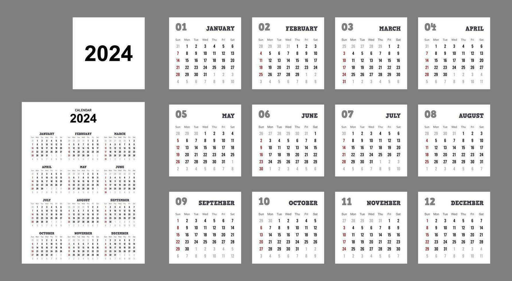 2024 calendar template in a minimalist style, starting with Sunday. vector