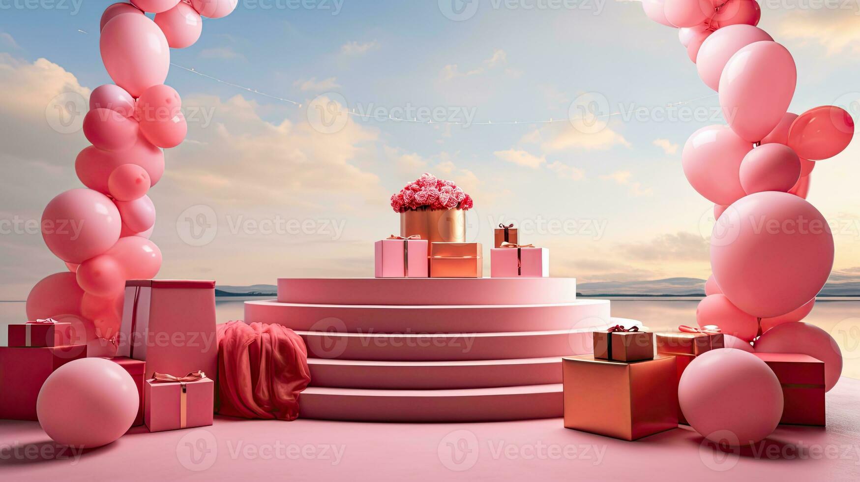 AI generated Pink podium mockup with pink balloon AI Generative photo