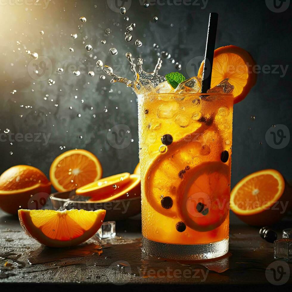 AI generated Splash orange juice with light exposure AI Generative photo