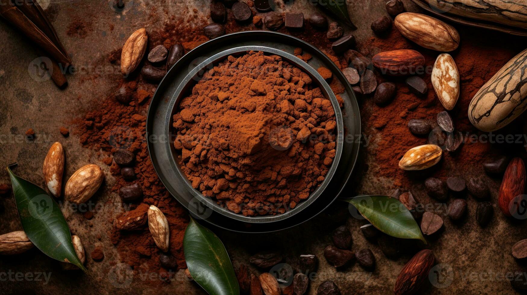 AI generated Top view cocoa powder with cocoa bean AI Generative photo