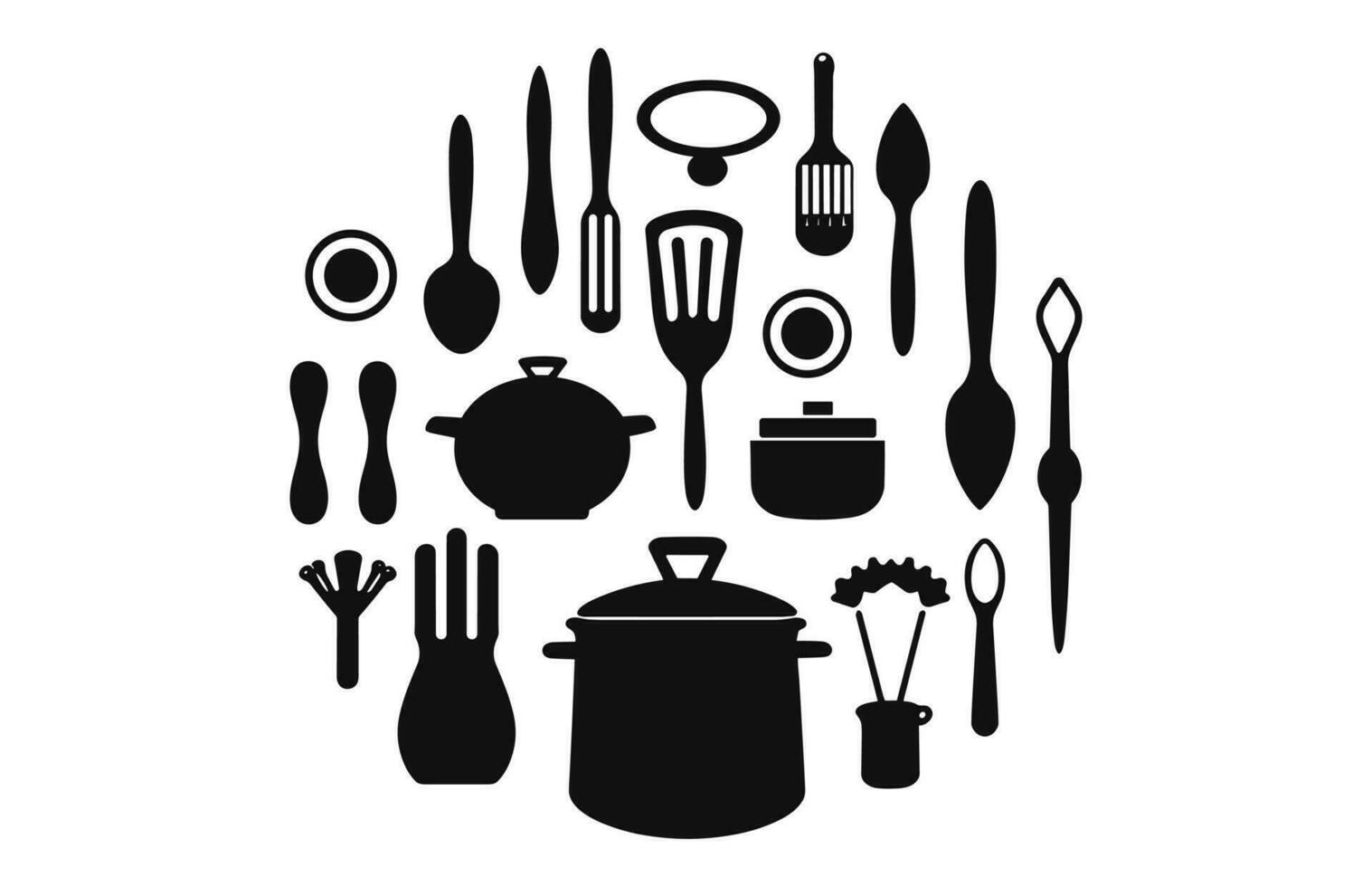 cocina herramienta silueta colocar, cocina herramientas negro vector colección gratis