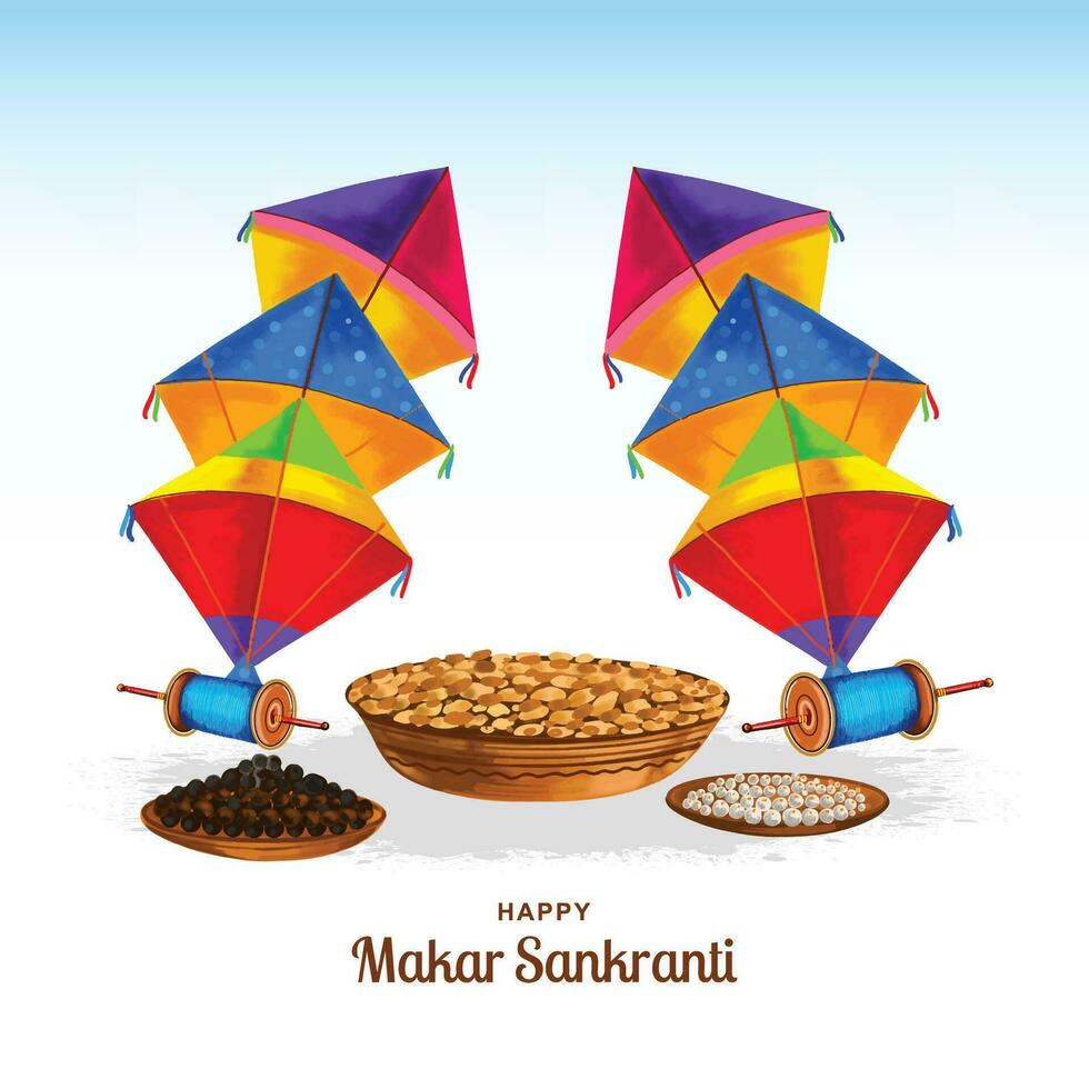 Happy makar sankranti celebration colorful kites card design vector