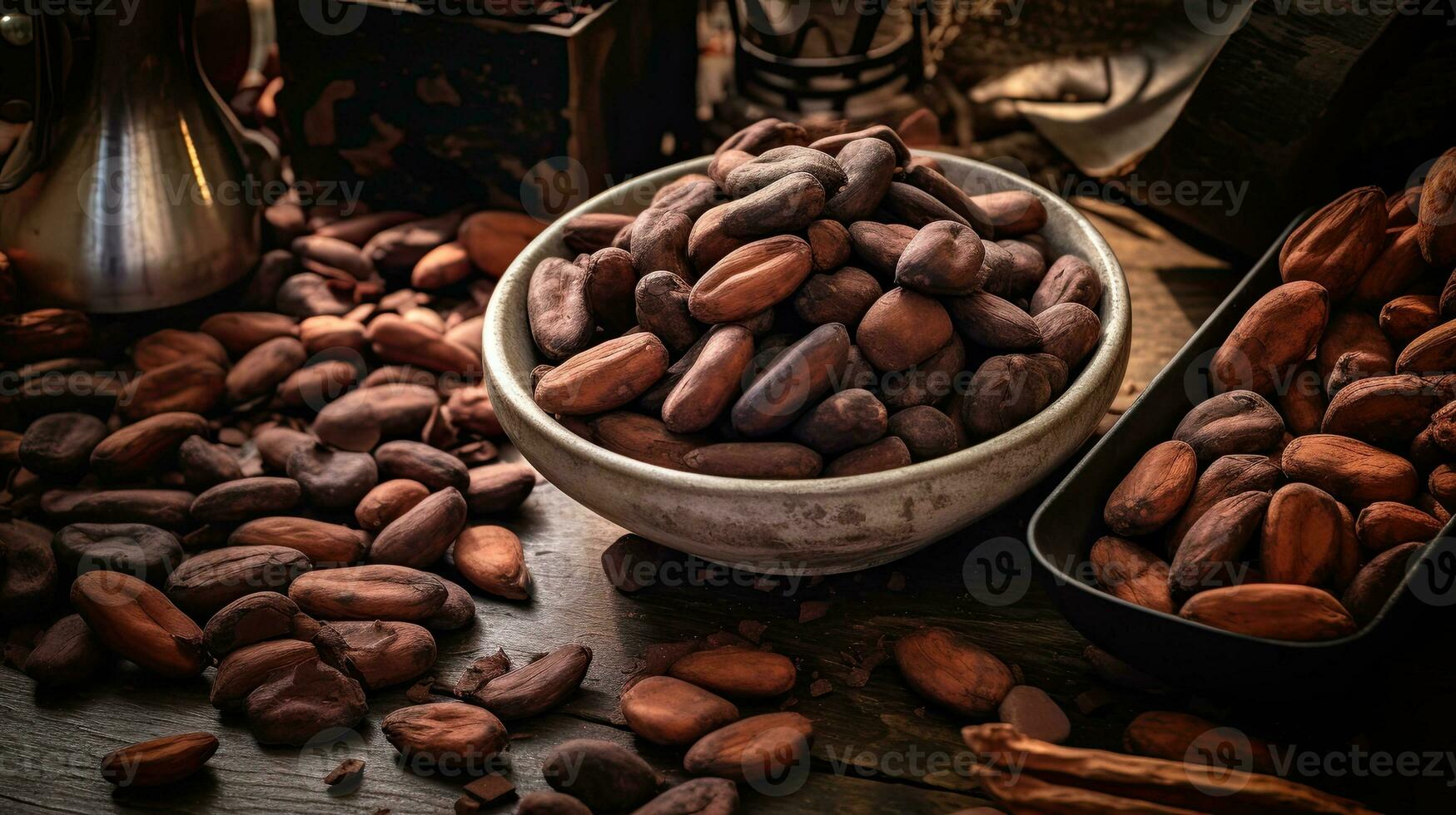 AI generated Portrait cocoa bean on the bowl with light exposure AI Generative photo