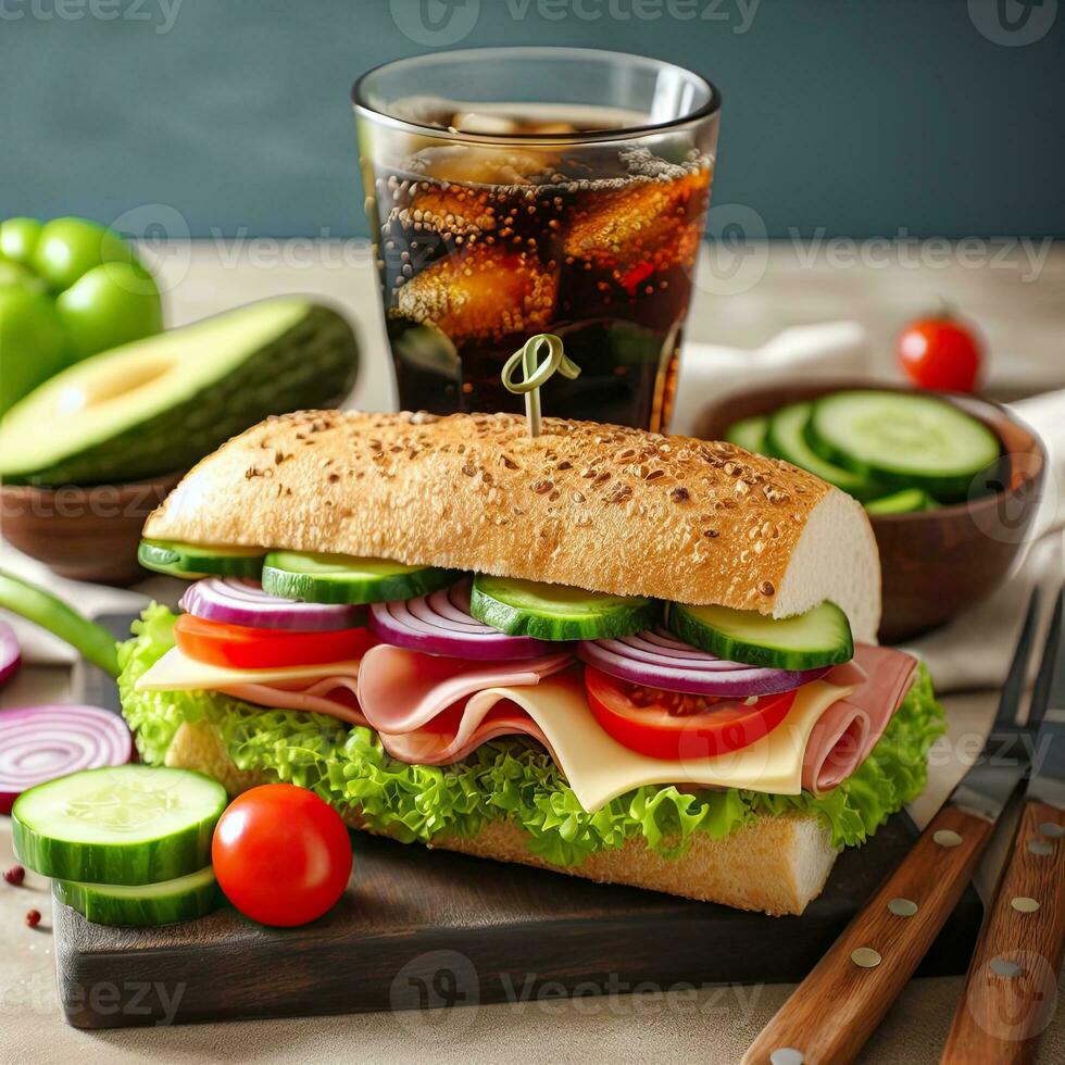 AI generated Delicious vegan sandwich and a glass cola on the table AI Generative photo