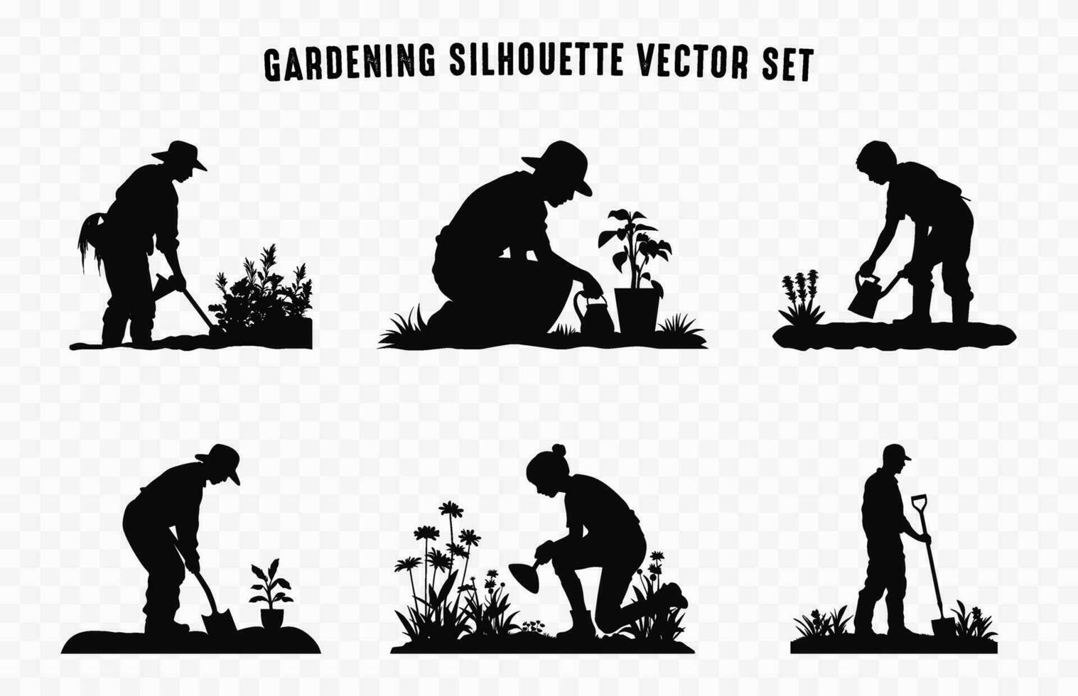 Gardening people silhouettes Vector Set, Gardener Silhouette black clipart Bundle