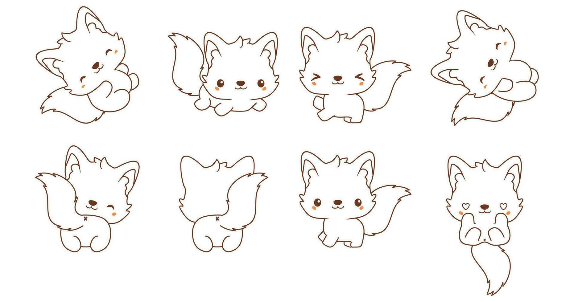 Kawaii fox set coloring animals collection vector