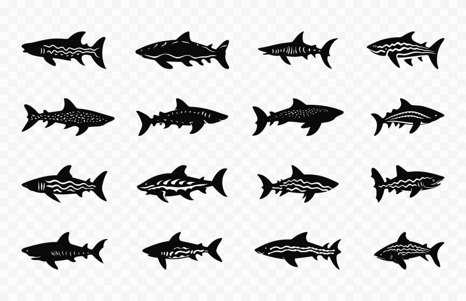 Zebra Shark black silhouette set, Sharks silhouettes Vector