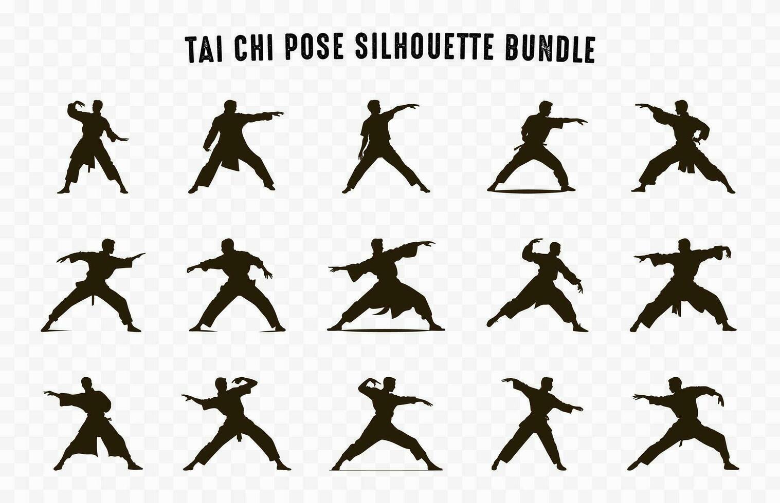 Tai chi yo defensa siluetas clipart manojo, Tai chi actitud silueta vector conjunto