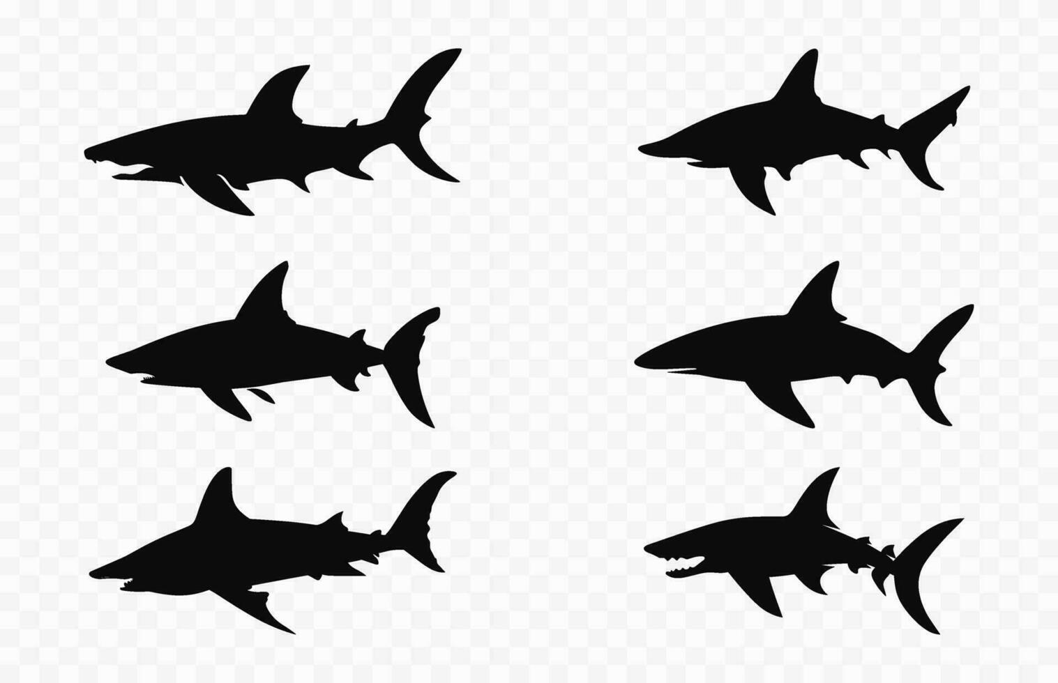 cabeza de martillo tiburón negro silueta colocar, cabeza de martillo tiburones siluetas vector