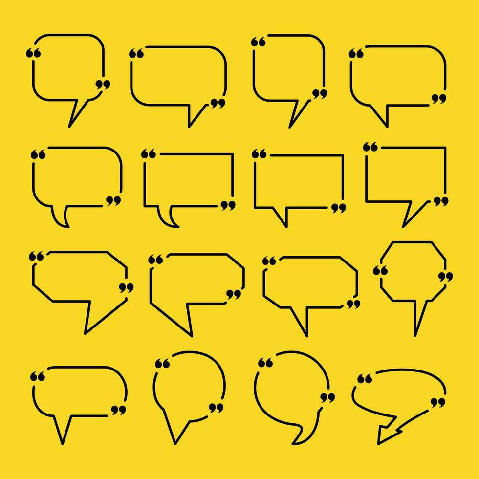 Quote box frame set for the great design of speech quotation marks. Text in brackets, citation empty speech bubbles, quote bubbles. vector