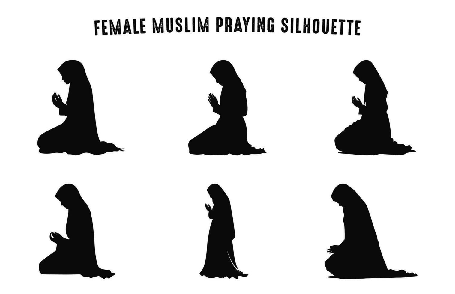 Set of Muslim Woman praying silhouette Vector, Female Muslim Praying black silhouettes bundle vector