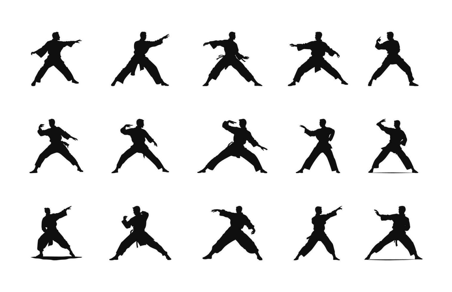 Tai Chi Pose silhouette vector Set, Tai Chi Self Defense Silhouettes Clipart