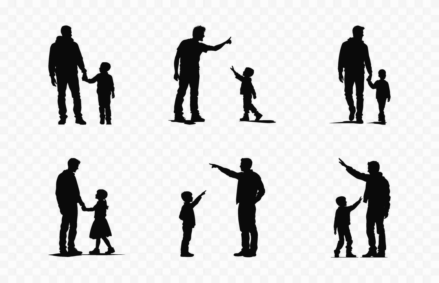 Black silhouettes of a Father with Children, Dad with son Silhouette vector set