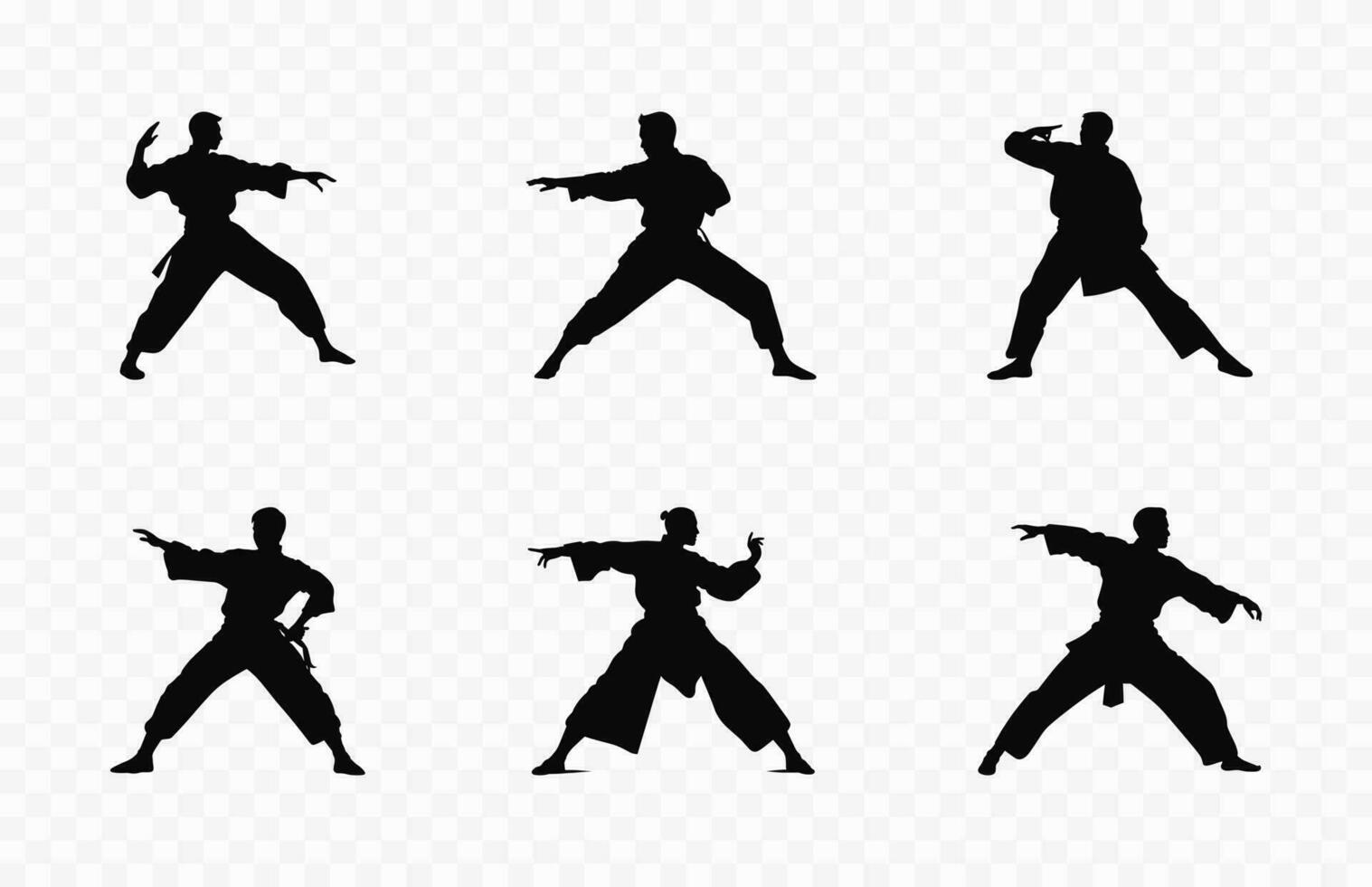 Tai chi yo defensa siluetas clipart manojo, Tai chi actitud silueta vector conjunto