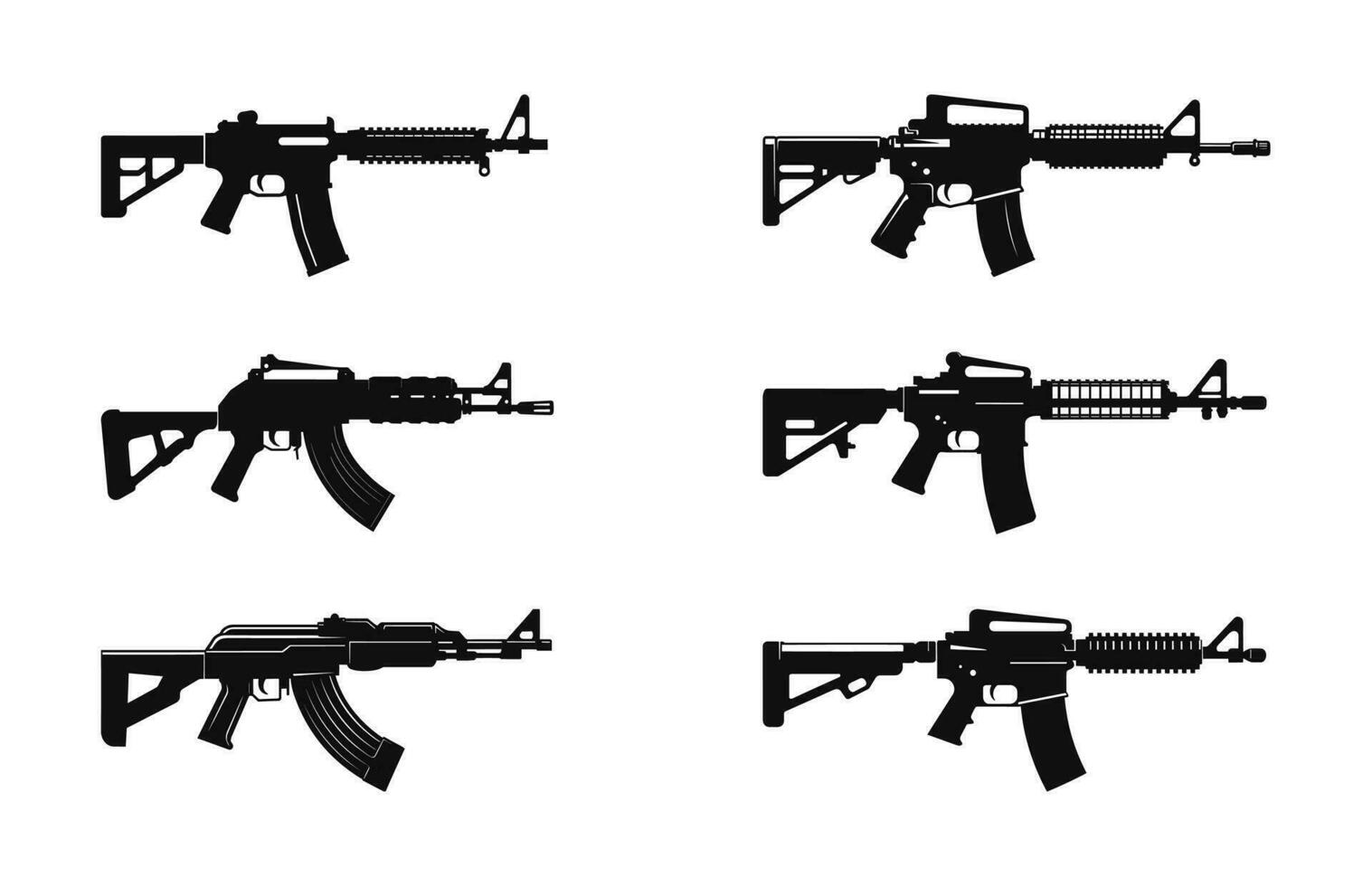 Collection of various firearms Weapons, Machine Gun silhouettes Bundle vector