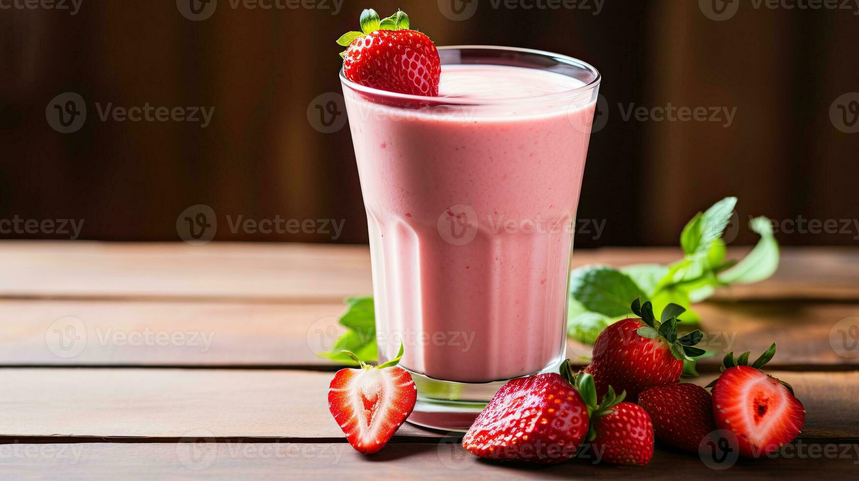 AI generated Creamy strawberry juice on the wooden table AI Generative photo