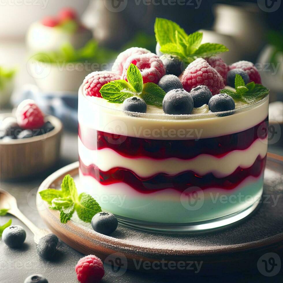 AI generated Delicious berry pudding with mint leaves AI Generative photo