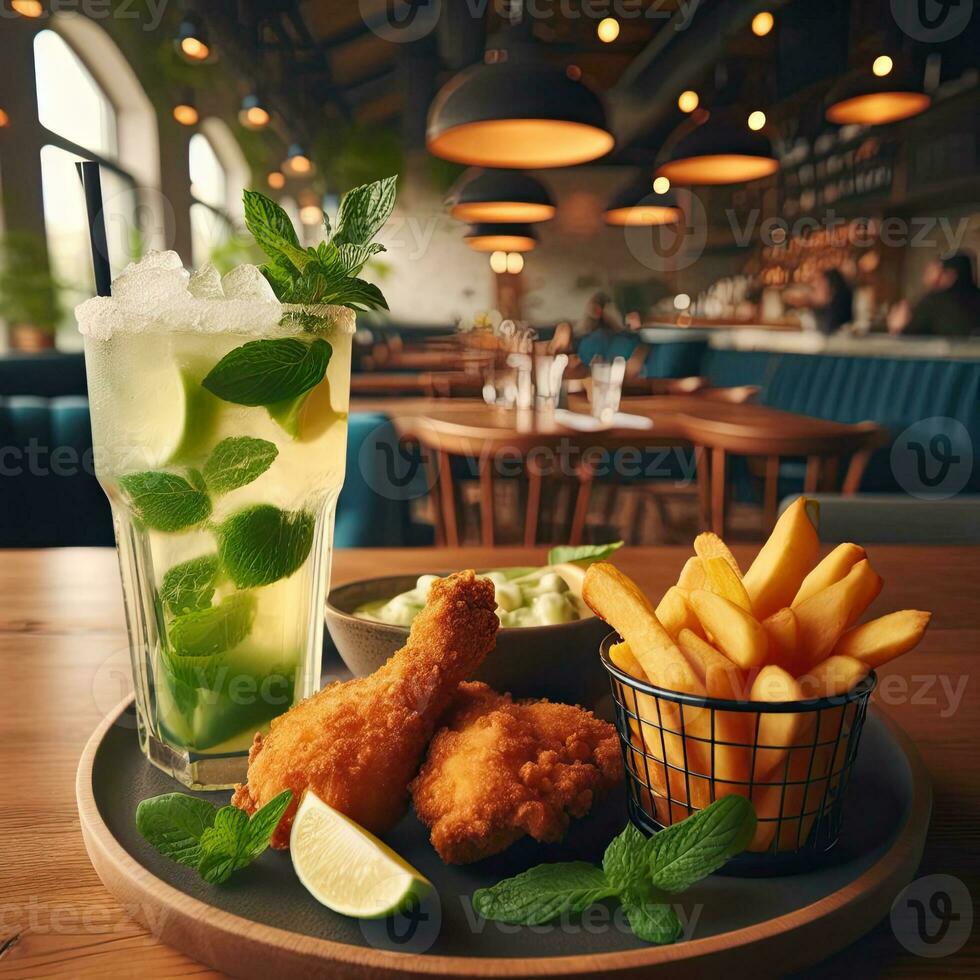 ai generado mojito con frito pollo y francés papas fritas ai generativo foto