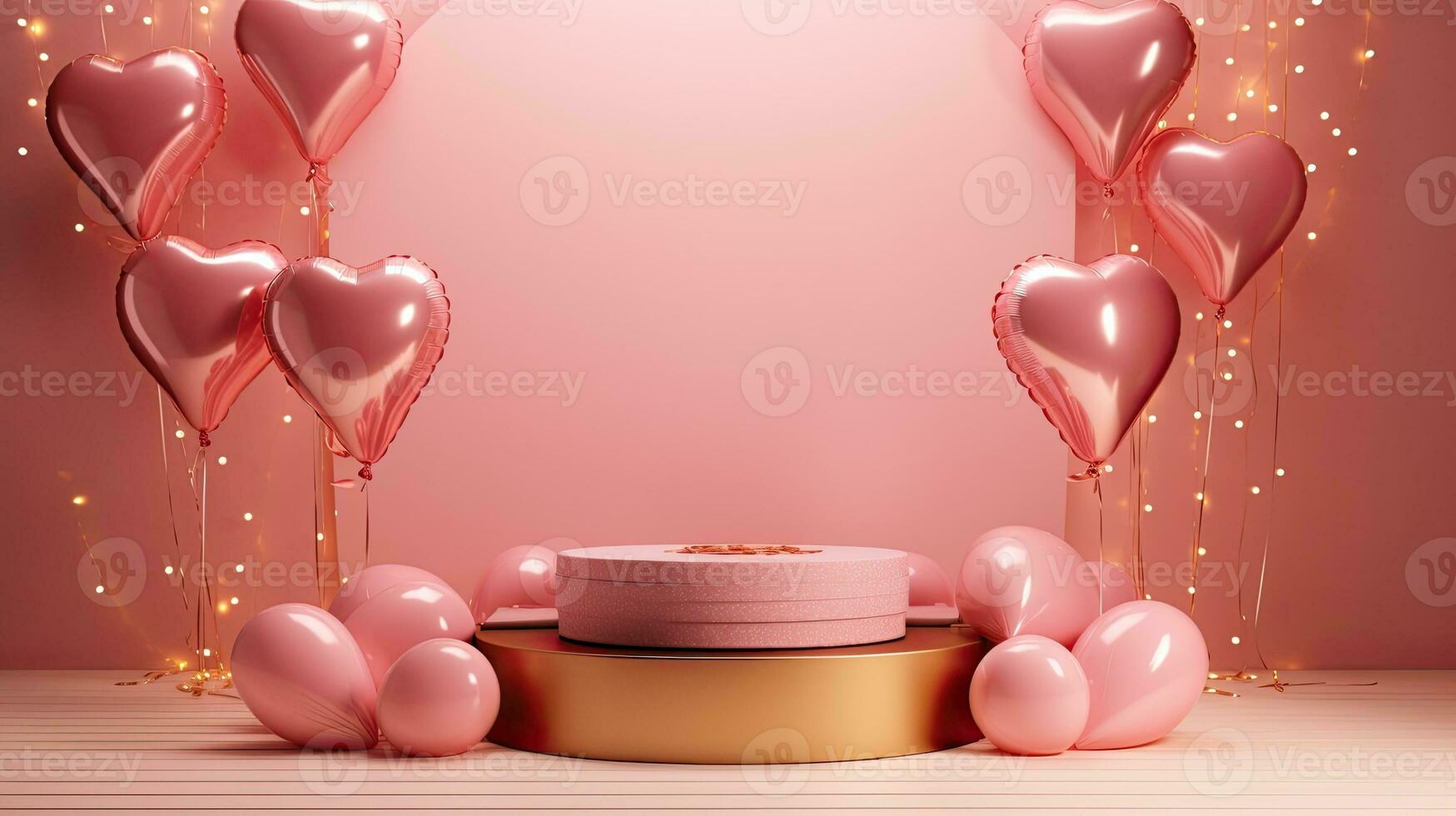 AI generated Pink gold podium with heart balloon AI Generative photo