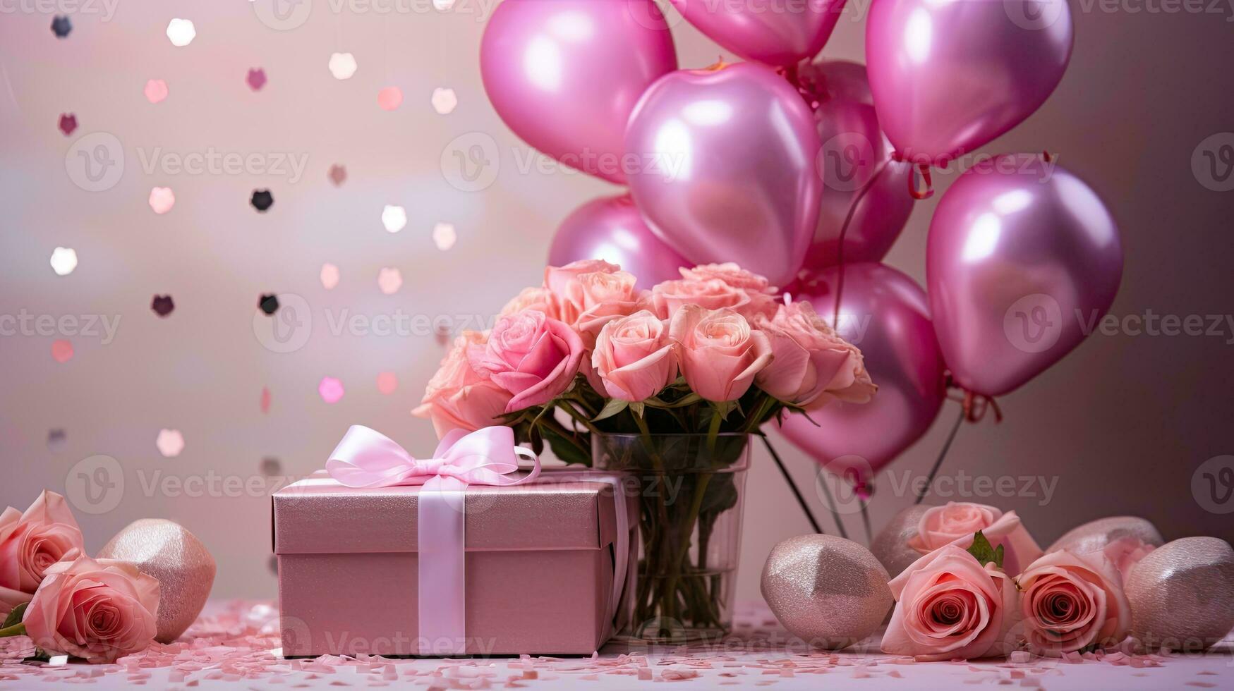 AI generated Luxury gift box with balloon and rose flower AI Generative photo
