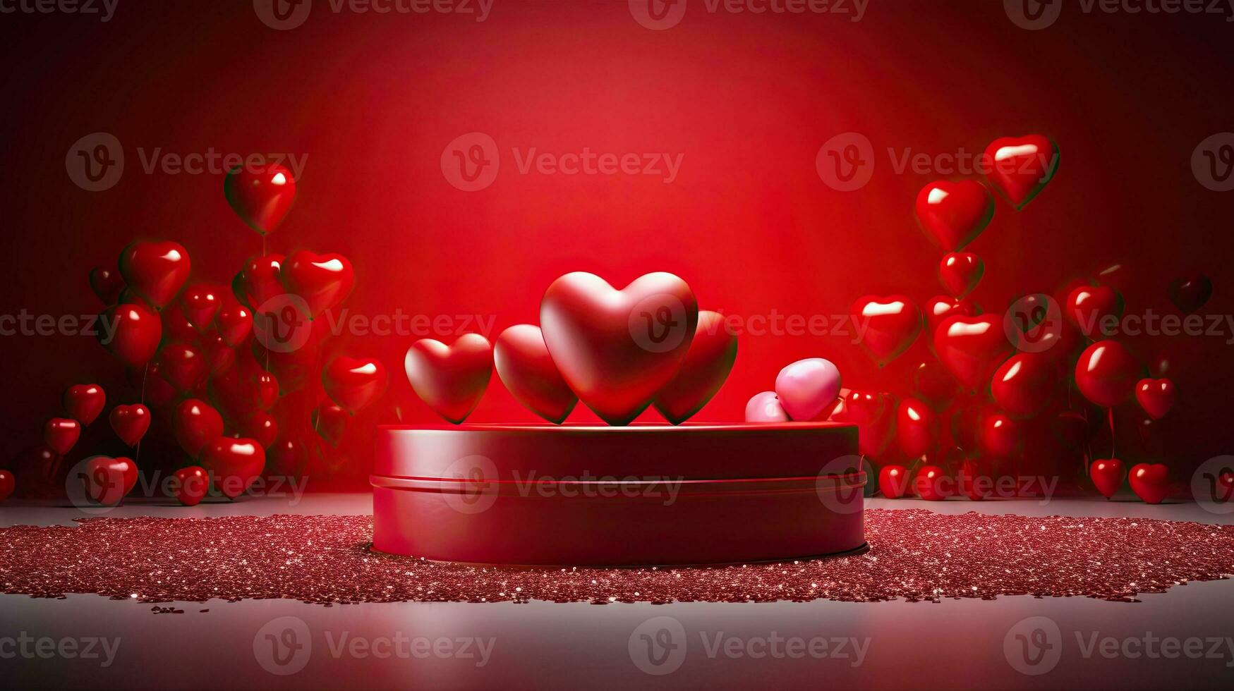 AI generated Red podium with red heart balloon AI Generative photo