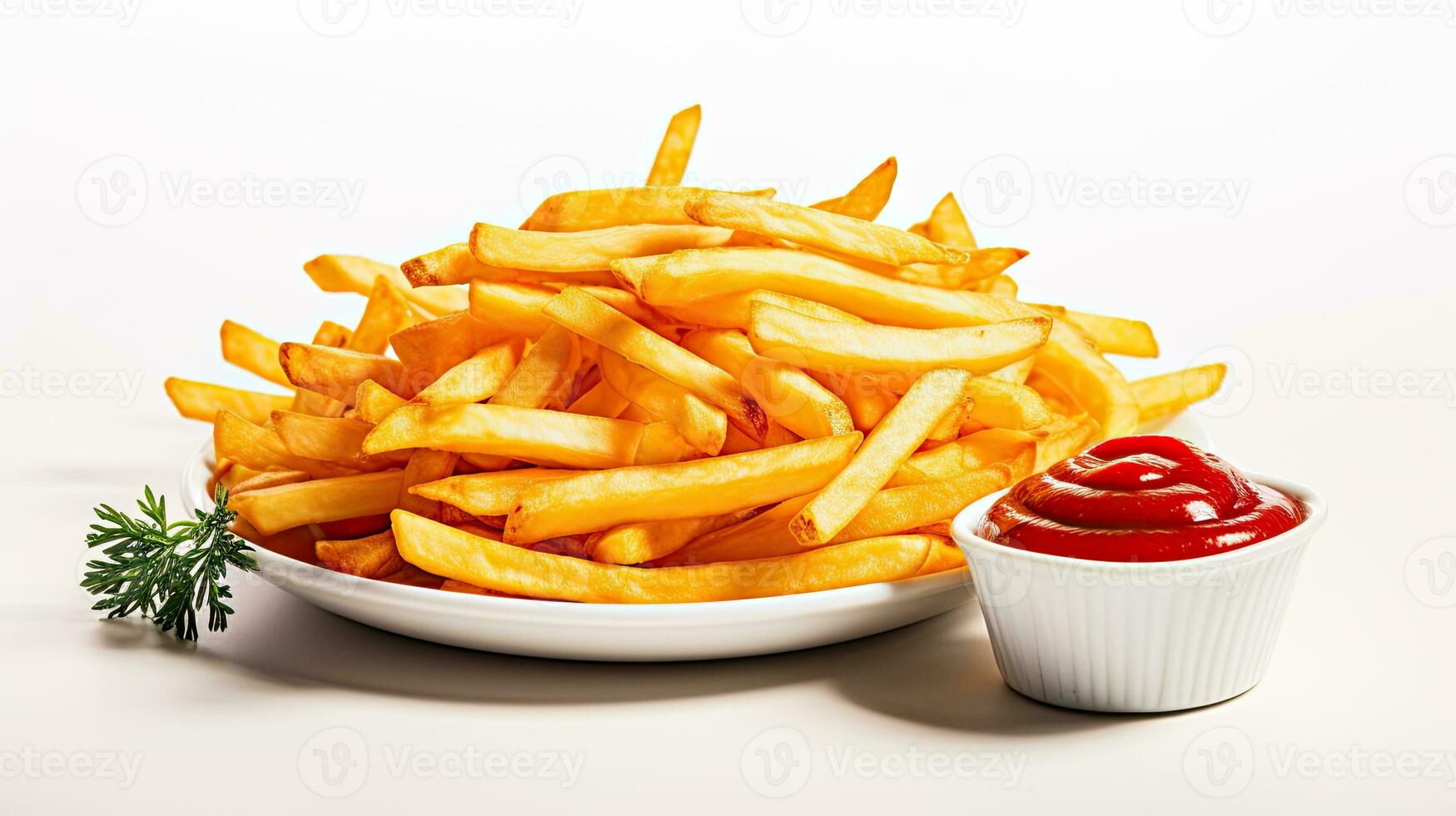 AI generated French fries with ketchup and basil leaf AI Generative photo