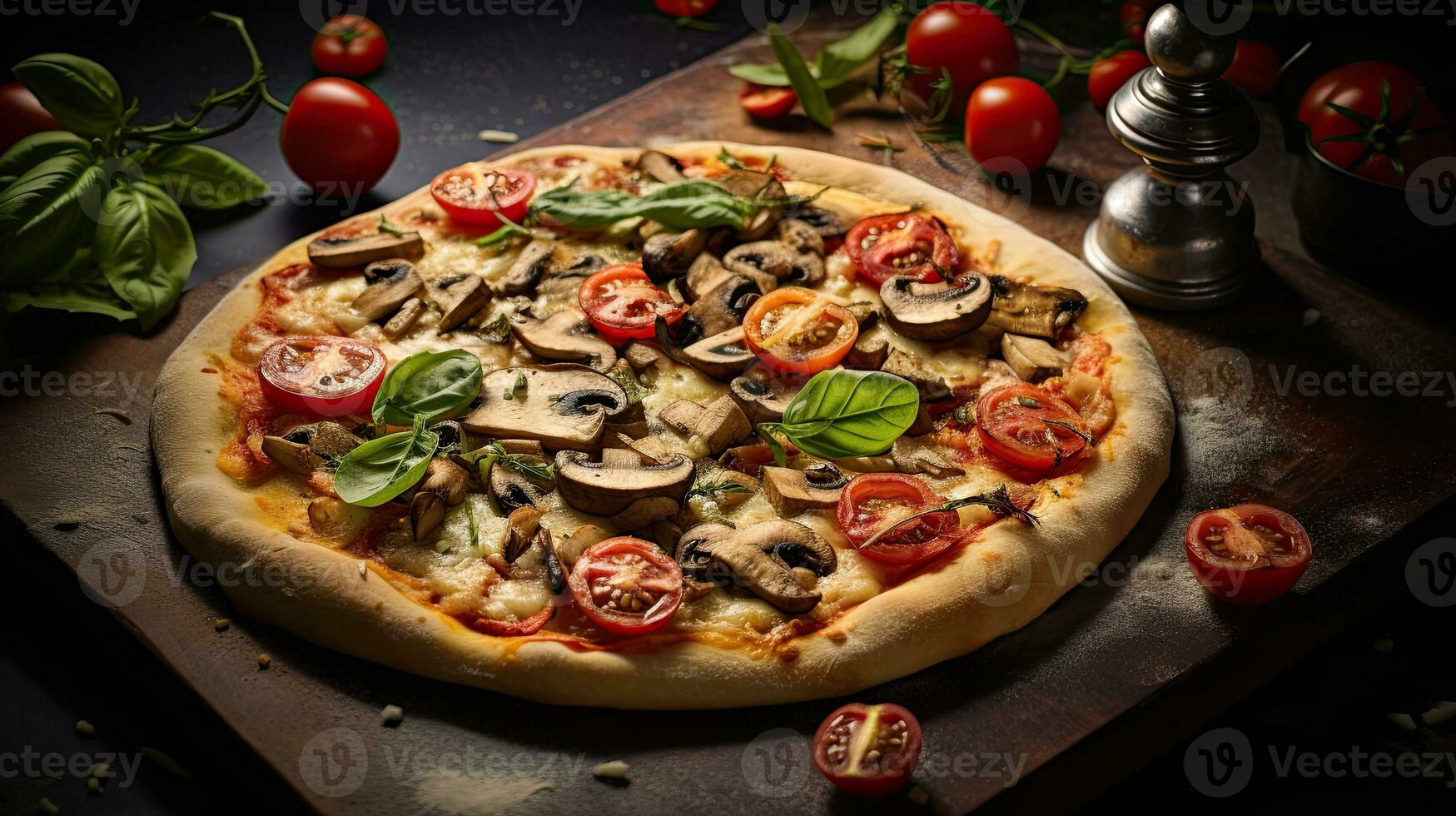 AI generated Fresh of the grill pizza with basil leaf AI Generative photo