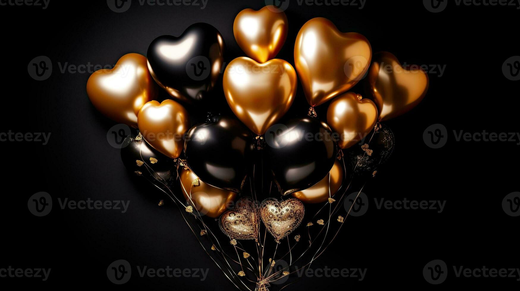 AI generated Black gold heart balloon on the black background AI Generative photo