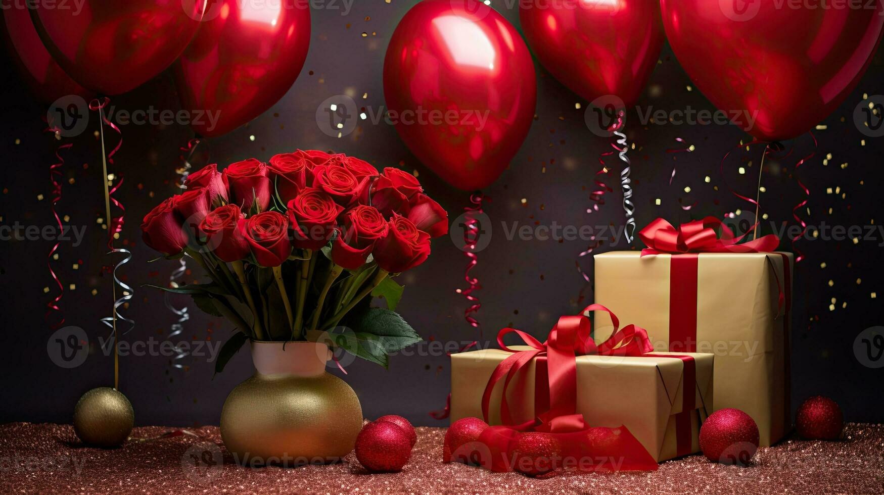 AI generated Luxury gift box with balloon and rose flower AI Generative photo