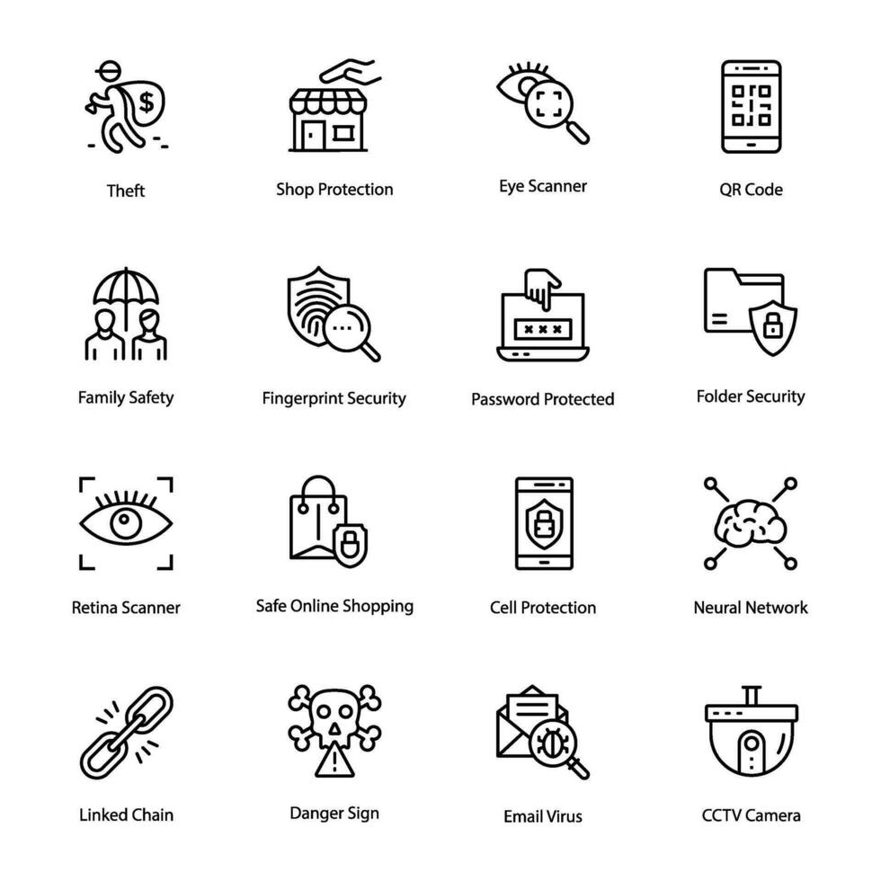 Crime Protection Line Vector Icons Set