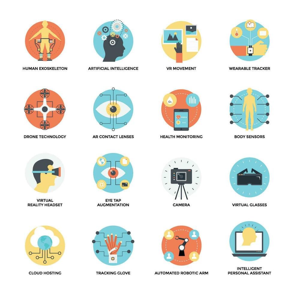 Virtual Reality and Drones Flat Vector Icons Set