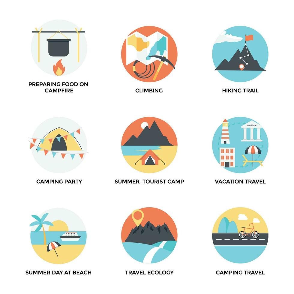 Flat Icon Set of Outdoor, Travelling and Tourism vector