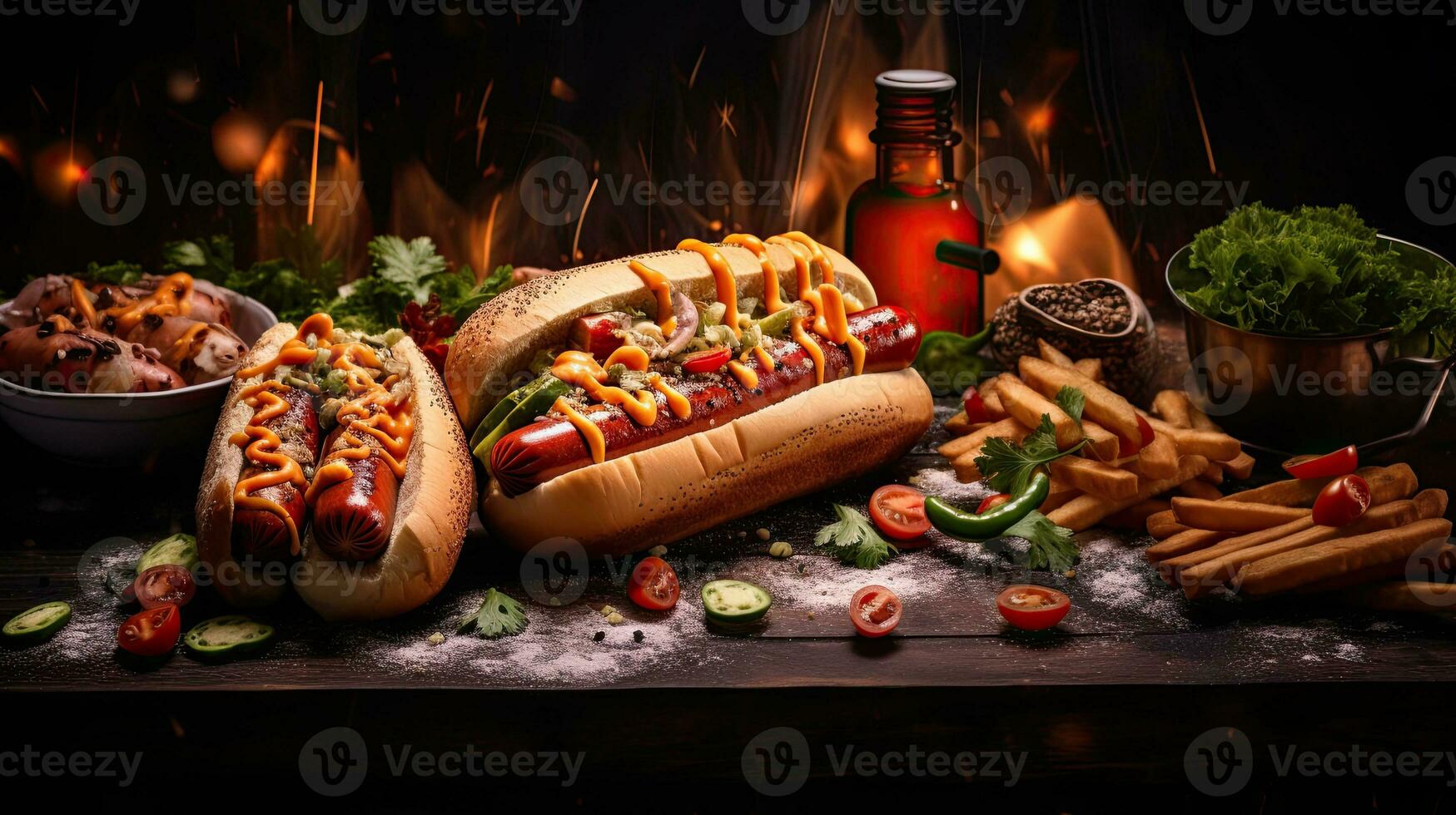 AI generated Delicious hotdog on the wooden table AI Generative photo