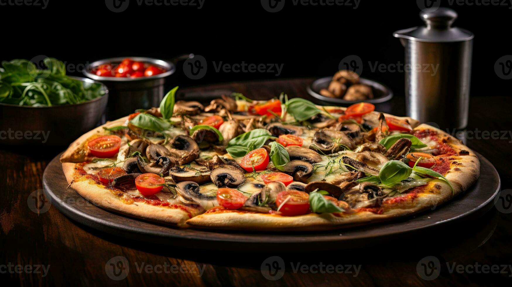 AI generated Creamy delicious pizza with basil leaf AI Generative photo