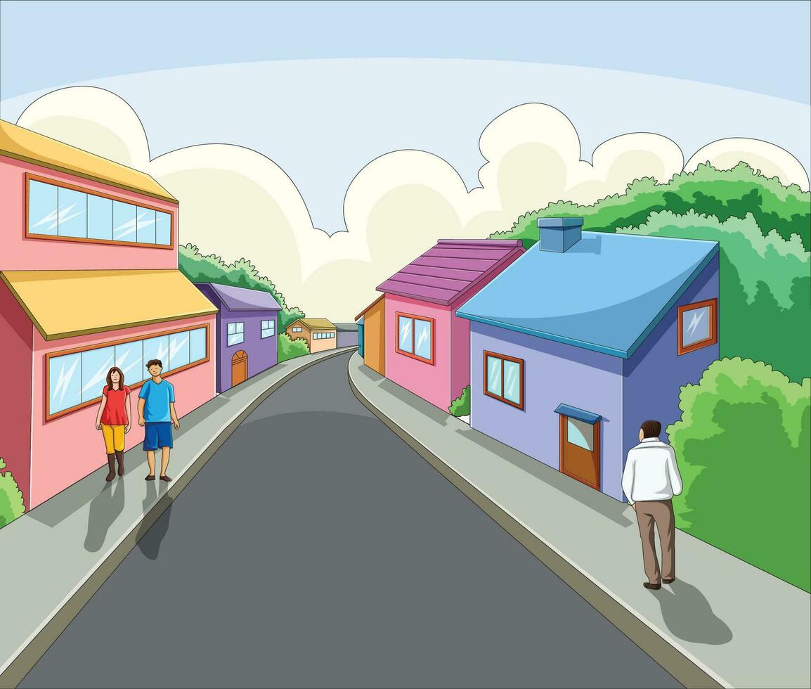 Vector illustration showing houses in a locality and people roaming around