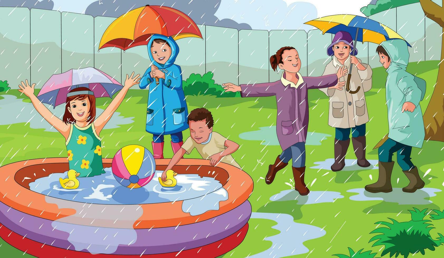 Happy kids enjoying rain wearing raincoats and using umbrellas vector