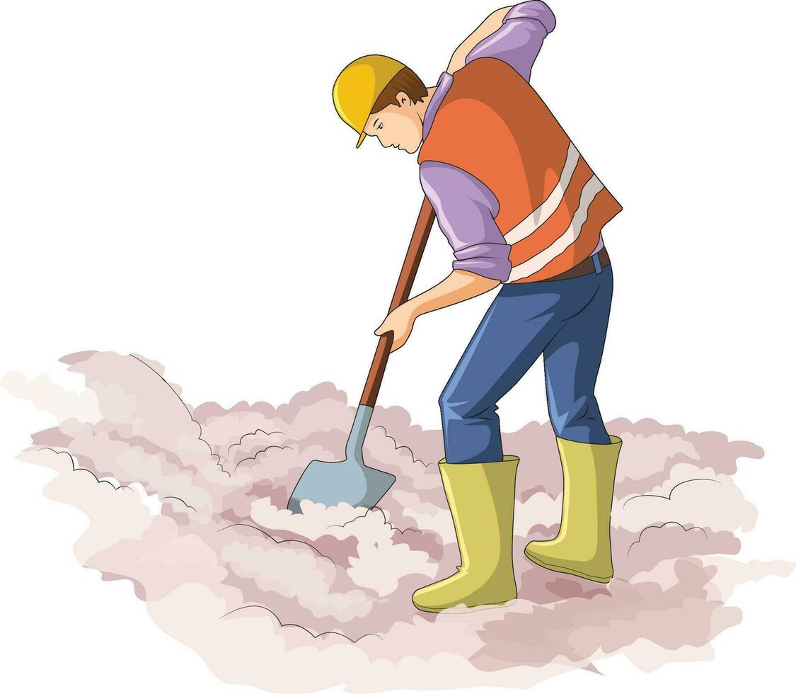 Hard working man ploughing soil vector