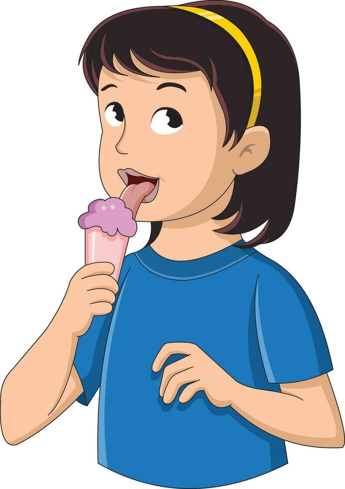 niña saboreo helado con lengua vector ilustración