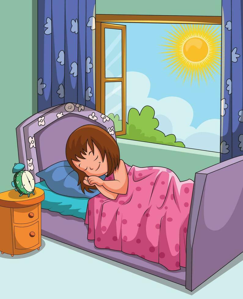 Girl sleeping and sun shining brightly vector illustration