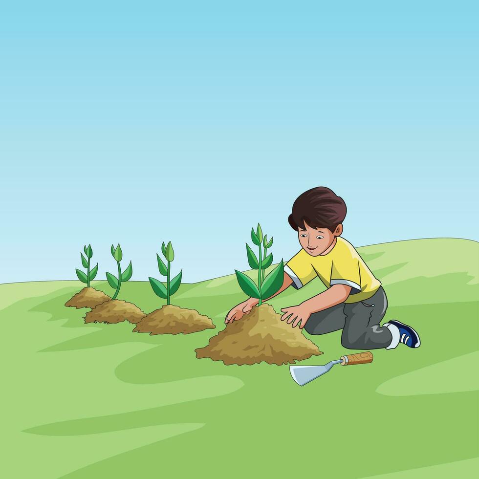 Happy boy planting trees illustration vector