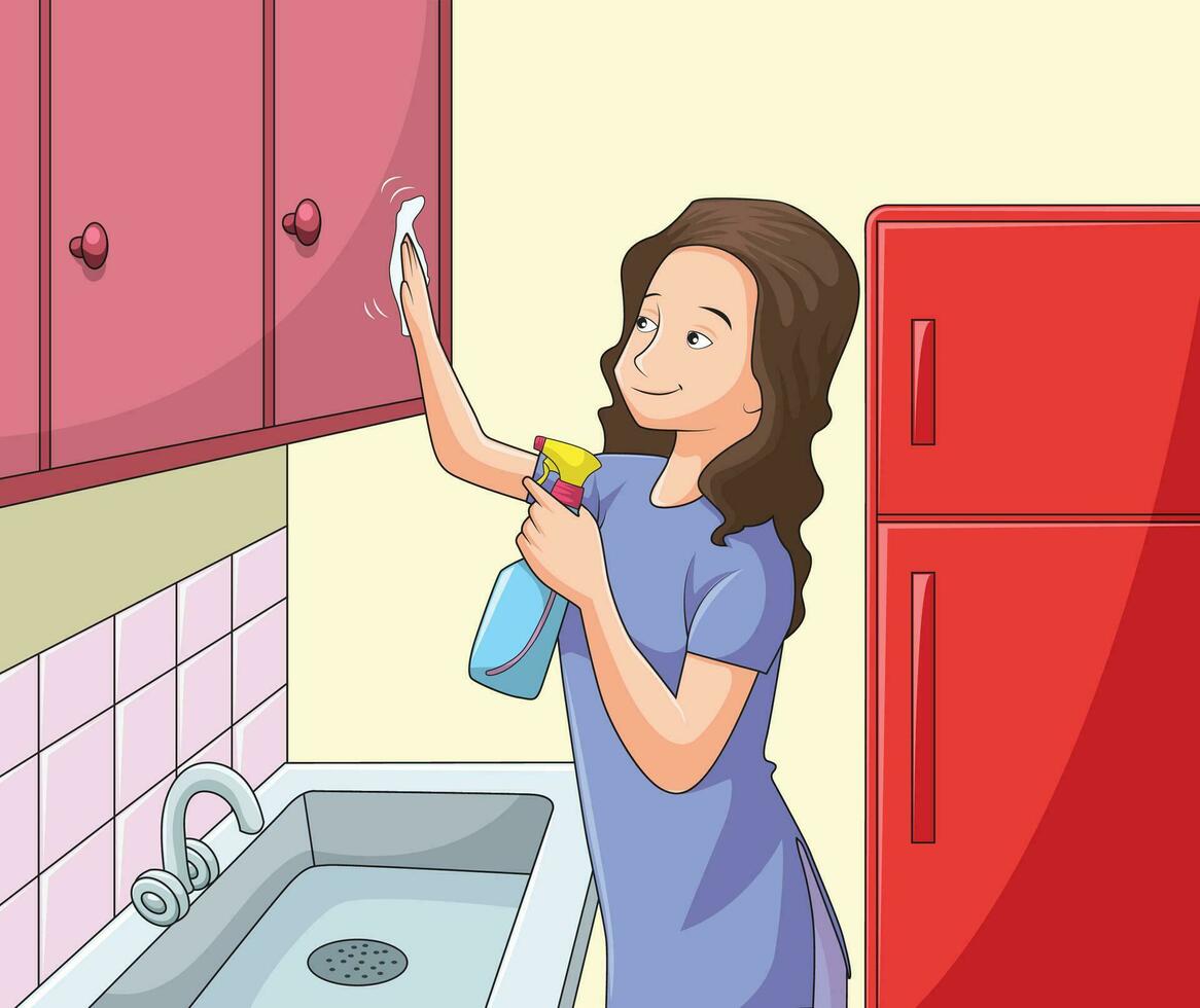 Woman cleaning the cupboard wuth a tissue paper and cleanser in a spray bottle vector
