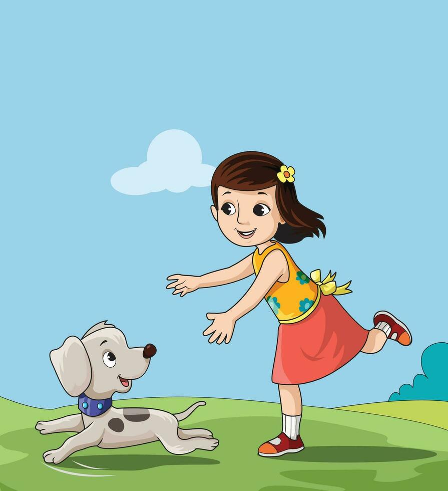 niña corriendo detrás su perro y sonriente vector ilustración