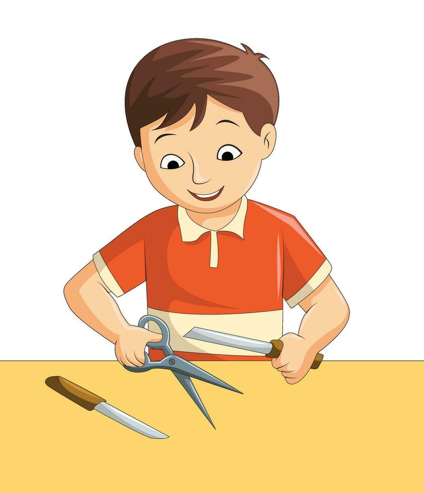 Little boy using sharp objects such as scissors and knife vector