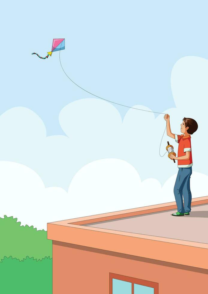 Happy boy flying kite illustration vector