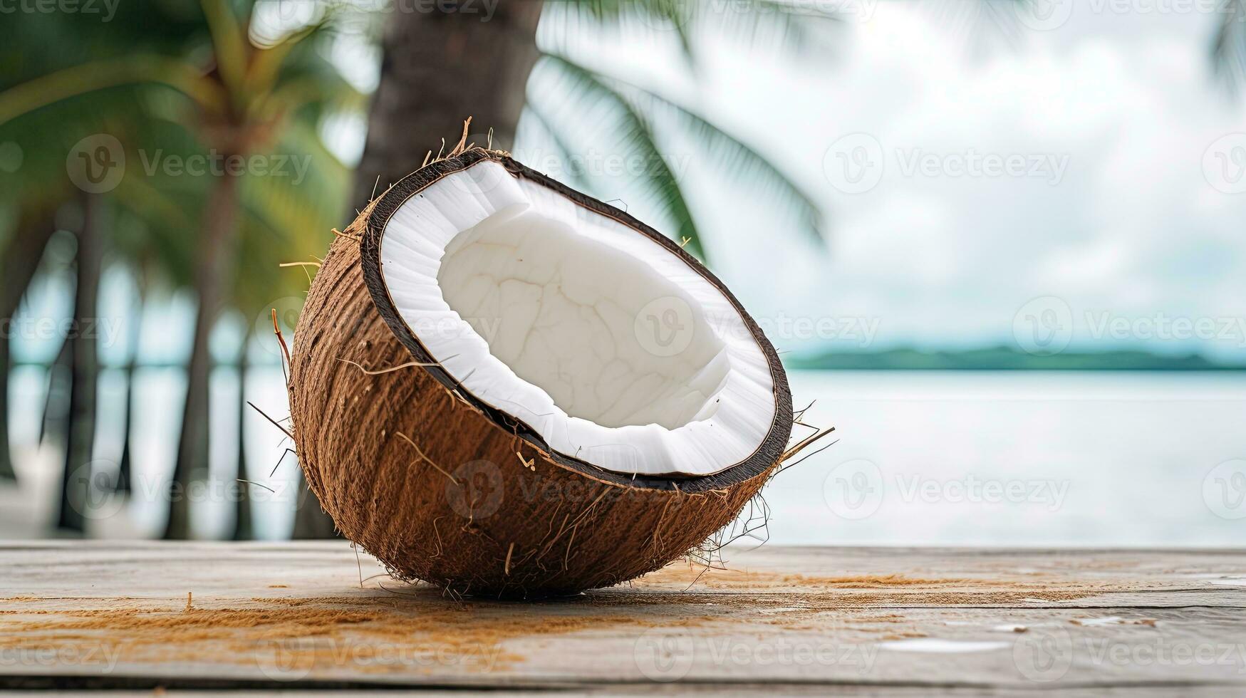AI generated Portrait Fresh coconut on the wooden table AI Generative photo