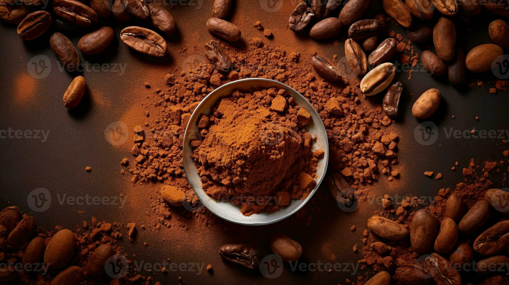 AI generated Top view cocoa powder with cocoa bean AI Generative photo