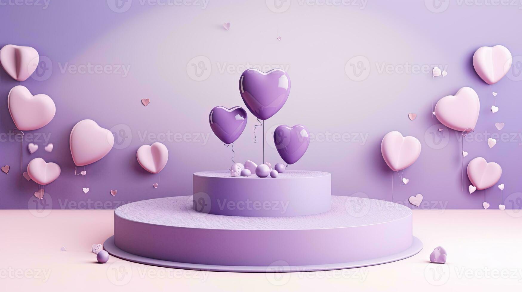 AI generated Purple podium mockup with heart balloon AI Generative photo