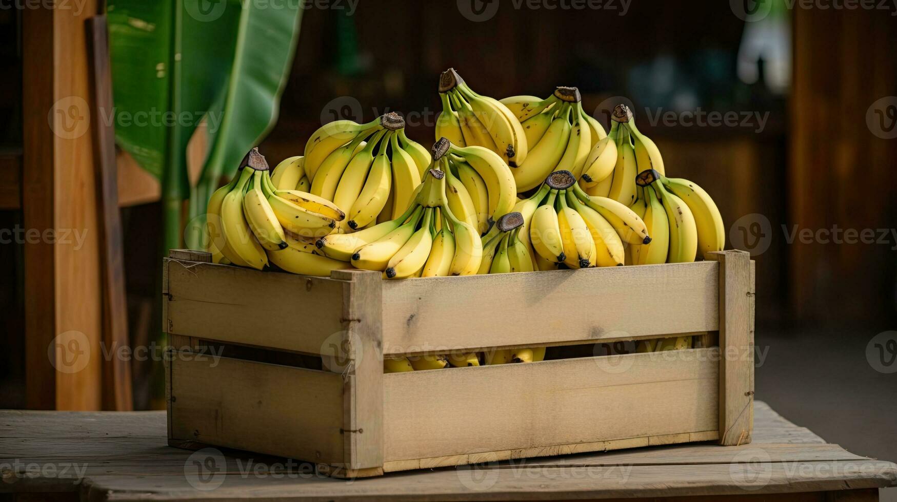 AI generated Sweet banana on the wooden box AI Generative photo